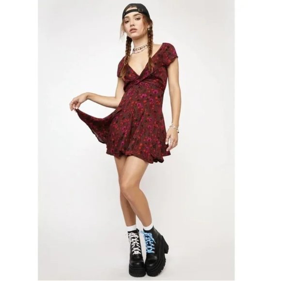 NWT Free People It Takes Two Mini Dress Ivory Floral Sleeveless Wrap Plum Combo - Picture 8 of 10